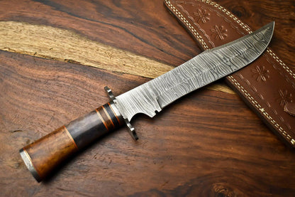 15" Damascus Steel Bowie Knife – Camel Bone Handle, Hunting Fixed Blade