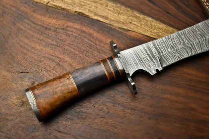 15" Damascus Steel Bowie Knife – Camel Bone Handle, Hunting Fixed Blade