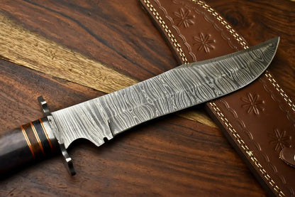 15" Damascus Steel Bowie Knife – Camel Bone Handle, Hunting Fixed Blade