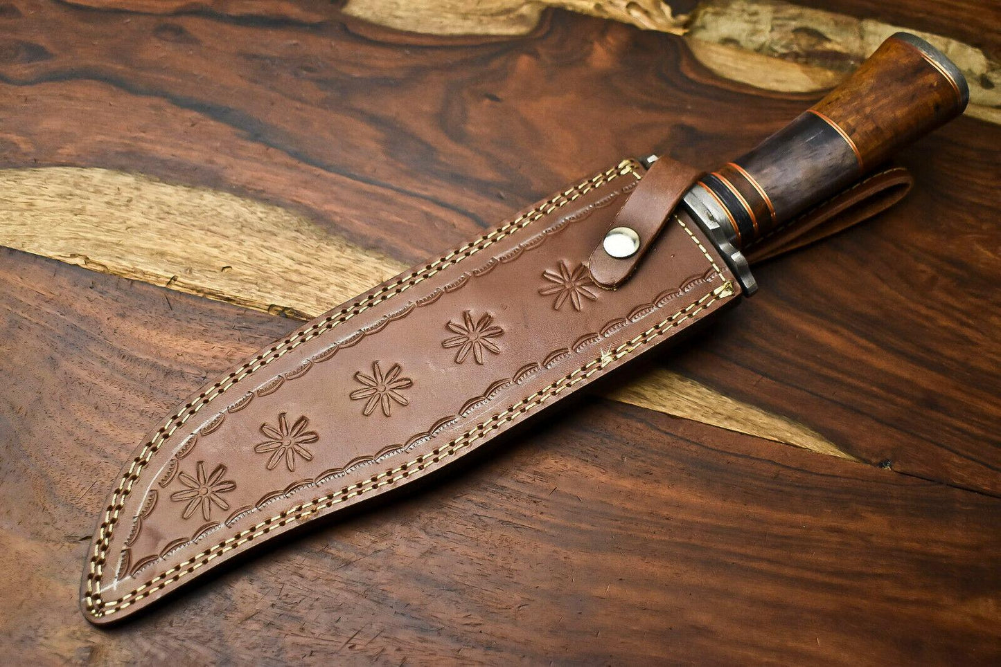 15" Damascus Steel Bowie Knife – Camel Bone Handle, Hunting Fixed Blade