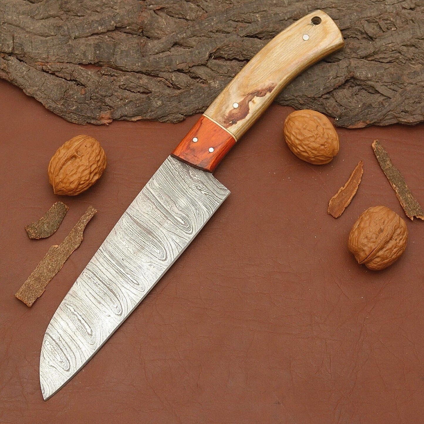 Handmade Damascus Steel Chef Knife – Kitchen Knife with Wood Handle & Leather Sheath