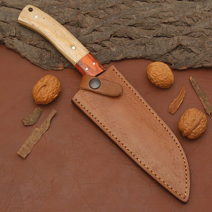 Handmade Damascus Steel Chef Knife – Kitchen Knife with Wood Handle & Leather Sheath