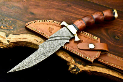 13" Custom Damascus Bowie Knife – Walnut Wood Handle & Leather Sheath