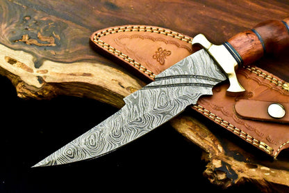 13" Custom Damascus Bowie Knife – Walnut Wood Handle & Leather Sheath