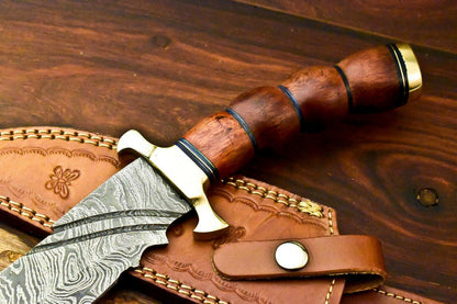 13" Custom Damascus Bowie Knife – Walnut Wood Handle & Leather Sheath