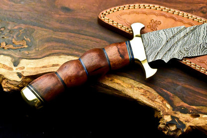 13" Custom Damascus Bowie Knife – Walnut Wood Handle & Leather Sheath