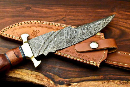 13" Custom Damascus Bowie Knife – Walnut Wood Handle & Leather Sheath