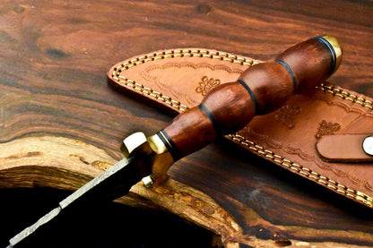 13" Custom Damascus Bowie Knife – Walnut Wood Handle & Leather Sheath