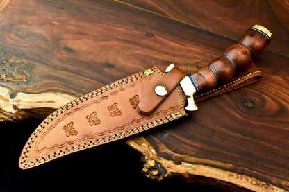 13" Custom Damascus Bowie Knife – Walnut Wood Handle & Leather Sheath