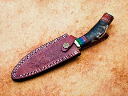 Heritage Forge 10 Inch Handmade Damascus Hunting Knife with Ram Horn and Hardwood Handle