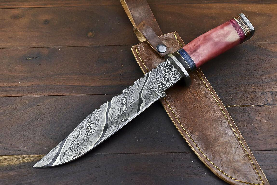 14.5" Hand Forged Damascus Bowie Knife – Camel Bone Handle, Trailing Point