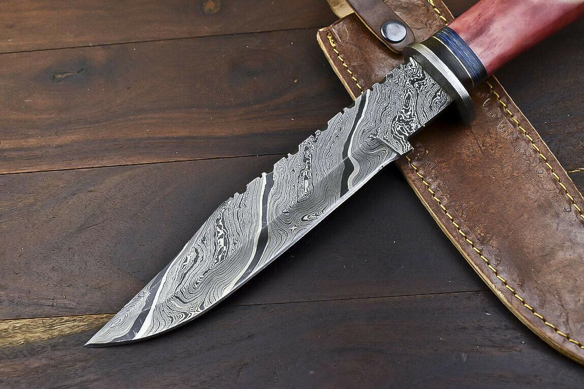 14.5" Hand Forged Damascus Bowie Knife – Camel Bone Handle, Trailing Point