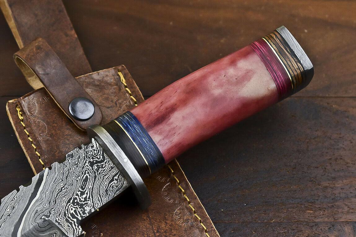 14.5" Hand Forged Damascus Bowie Knife – Camel Bone Handle, Trailing Point