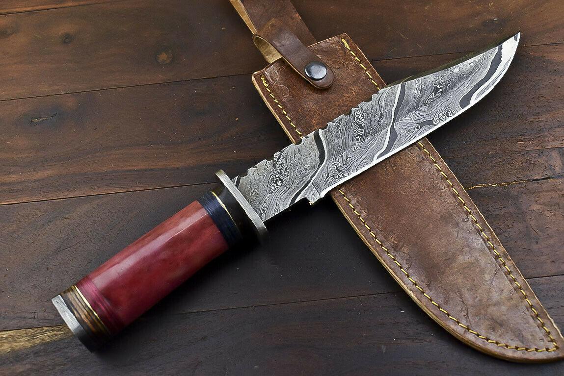 14.5" Hand Forged Damascus Bowie Knife – Camel Bone Handle, Trailing Point