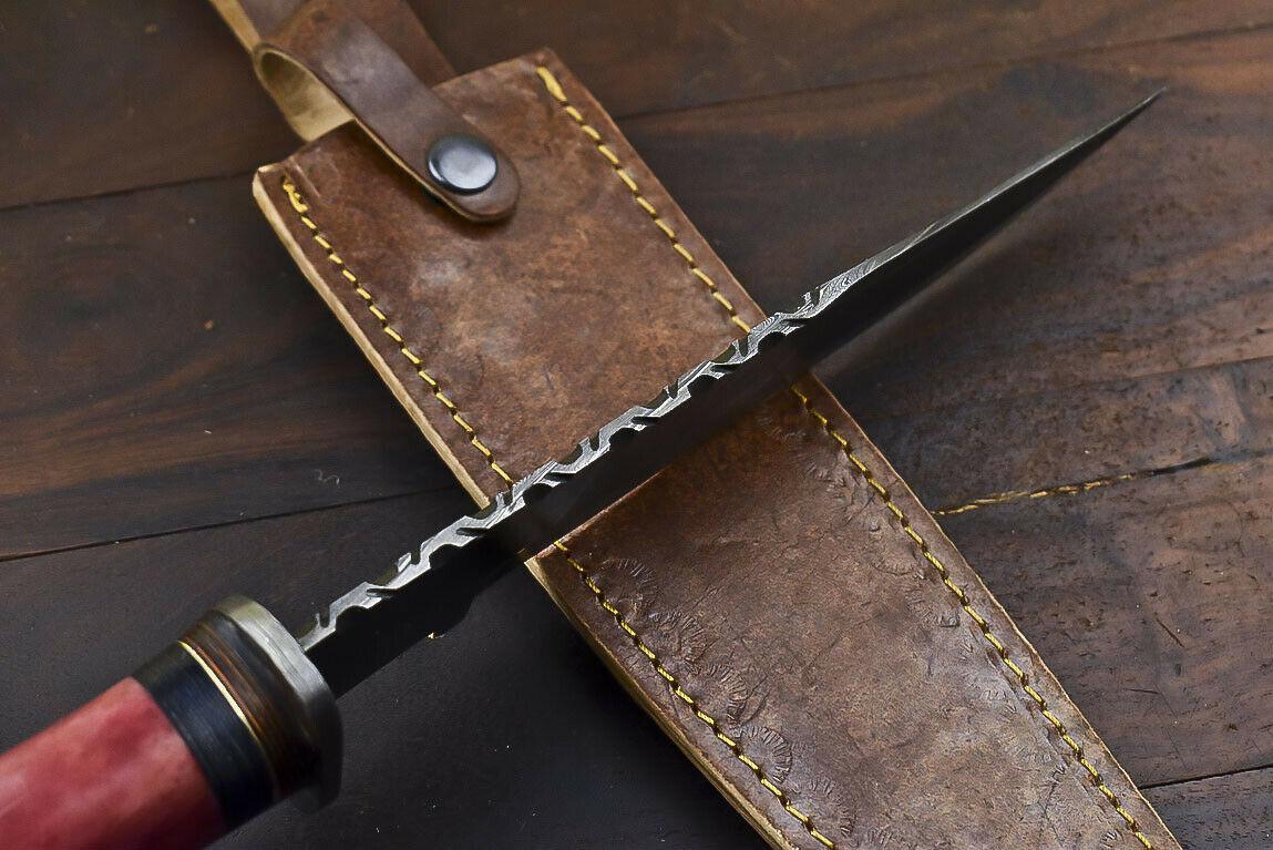 14.5" Hand Forged Damascus Bowie Knife – Camel Bone Handle, Trailing Point