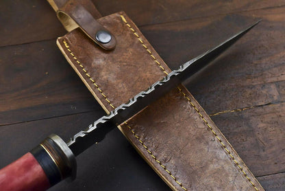 14.5" Hand Forged Damascus Bowie Knife – Camel Bone Handle, Trailing Point