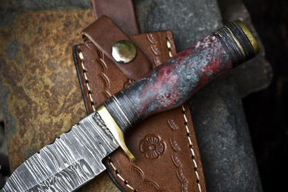 Custom Handmade Damascus Skinner Knife with Gut Hook Twist Blade and Corian Handle