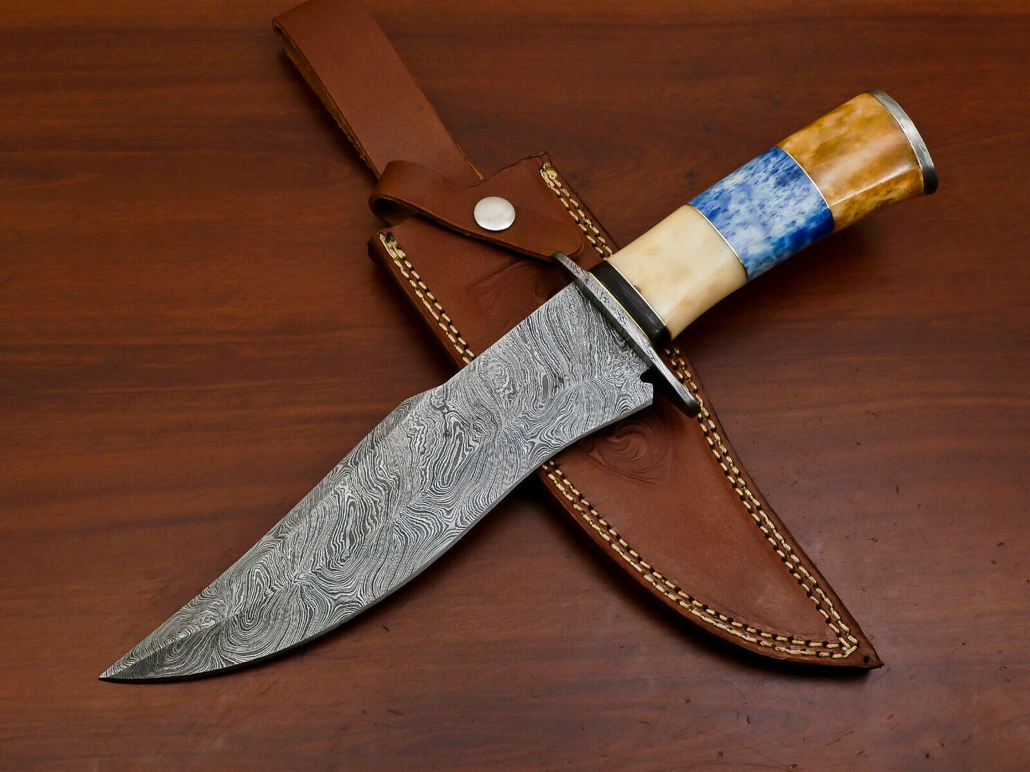Heritage Forge Damascus Steel Bowie Hunting Knife with Camel Bone and Pakka Wood Handle