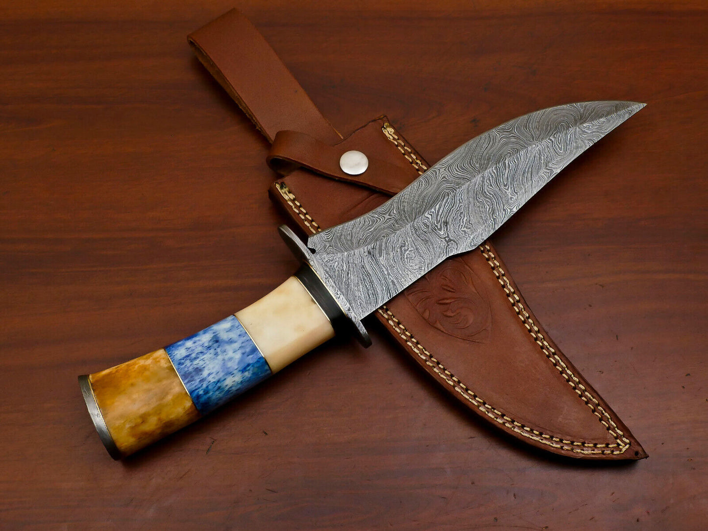 Heritage Forge Damascus Steel Bowie Hunting Knife with Camel Bone and Pakka Wood Handle