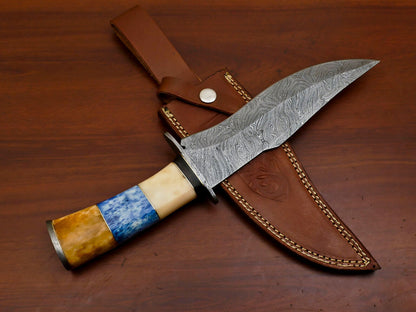 Heritage Forge Damascus Steel Bowie Hunting Knife with Camel Bone and Pakka Wood Handle