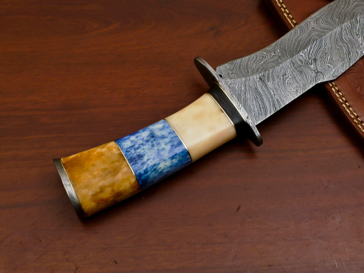 Heritage Forge Damascus Steel Bowie Hunting Knife with Camel Bone and Pakka Wood Handle