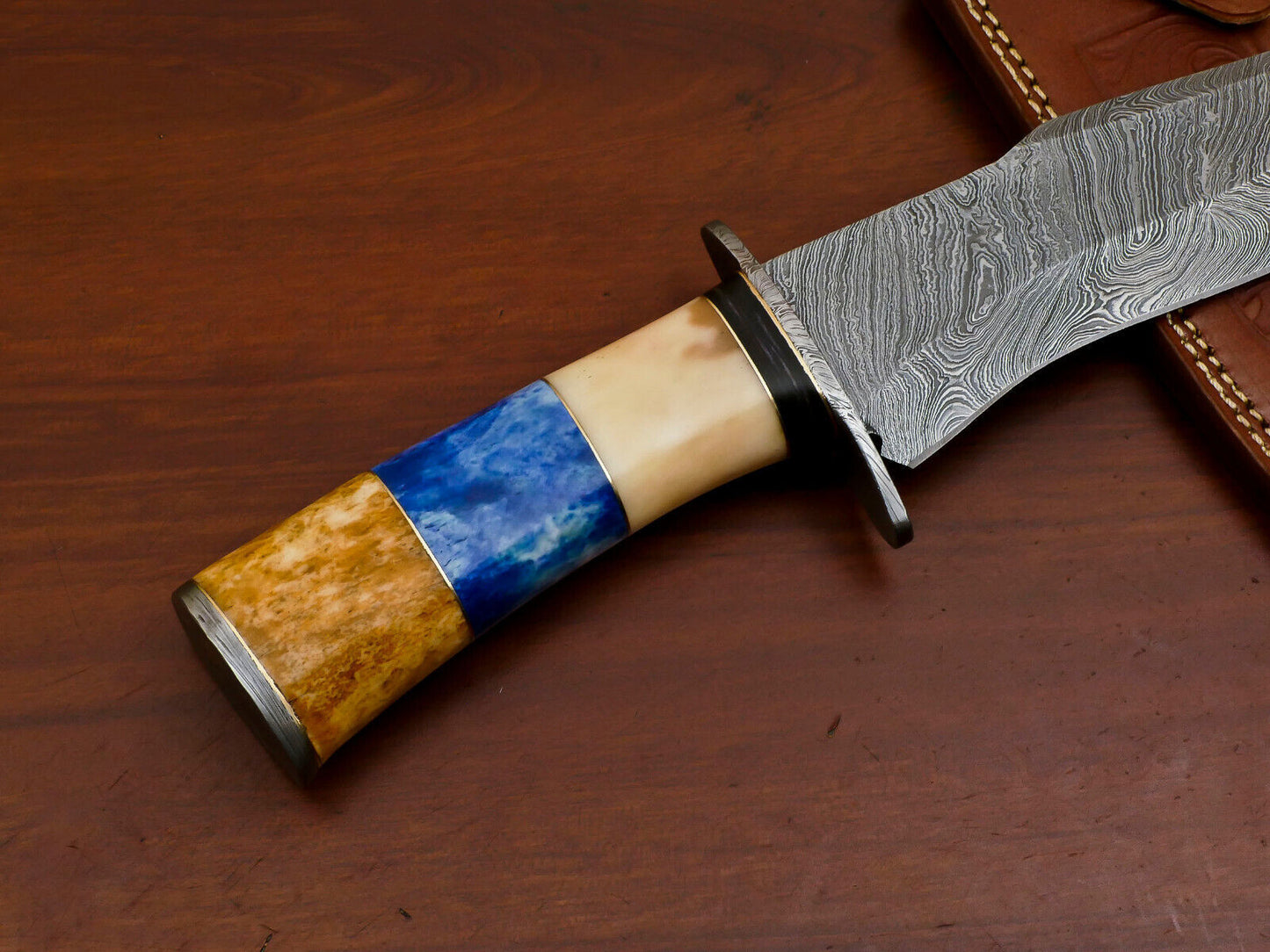 Heritage Forge Damascus Steel Bowie Hunting Knife with Camel Bone and Pakka Wood Handle