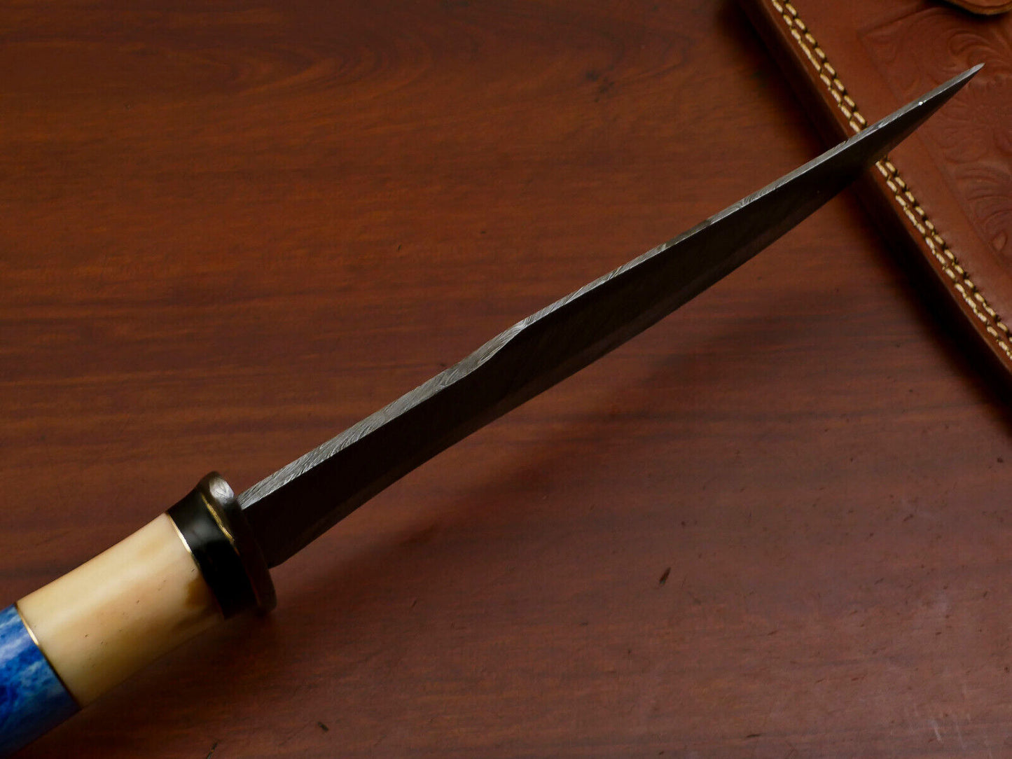 Heritage Forge Damascus Steel Bowie Hunting Knife with Camel Bone and Pakka Wood Handle