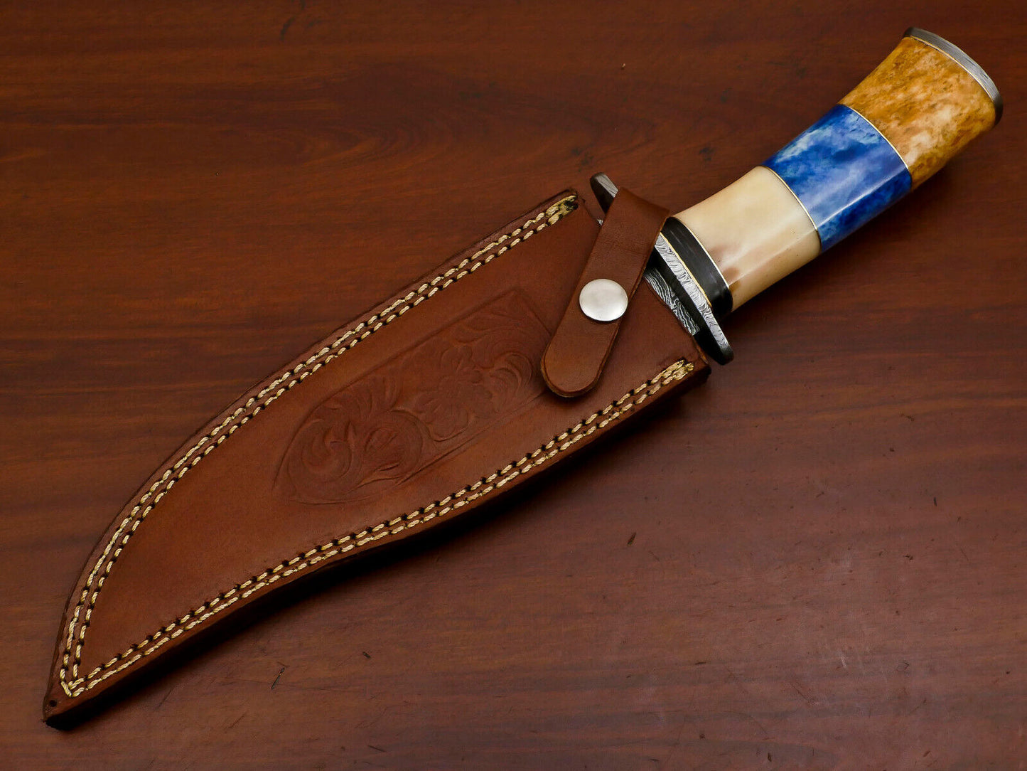 Heritage Forge Damascus Steel Bowie Hunting Knife with Camel Bone and Pakka Wood Handle