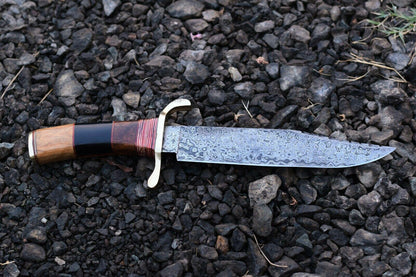 Handmade Damascus Bowie Knife – 12" Wood & Brass Handle with Leather Sheath
