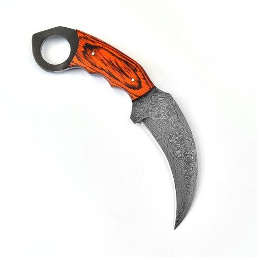 8" Custom Damascus Karambit Knife Damascus Steel Knife with Sheath and Pakkawood Handle