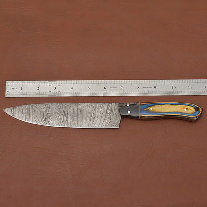 Premium Handmade Damascus Steel Chef Knife – 12" Kitchen Knife with Wood Handle & Leather Sheath
