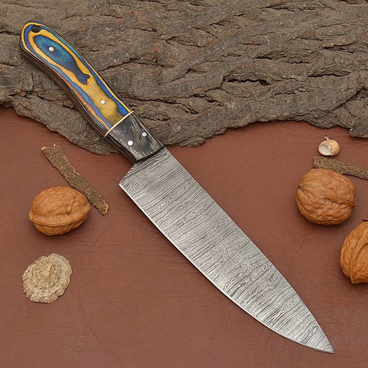Premium Handmade Damascus Steel Chef Knife – 12" Kitchen Knife with Wood Handle & Leather Sheath