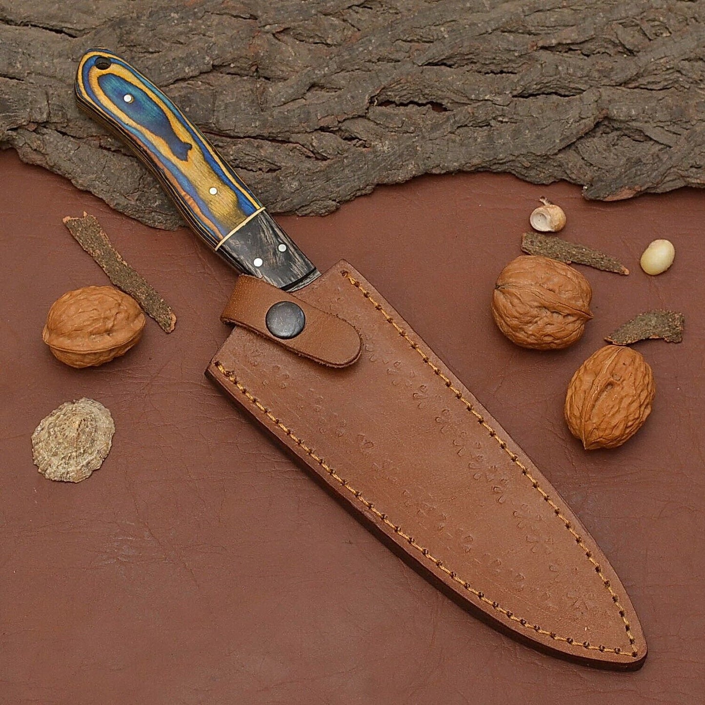 Premium Handmade Damascus Steel Chef Knife – 12" Kitchen Knife with Wood Handle & Leather Sheath
