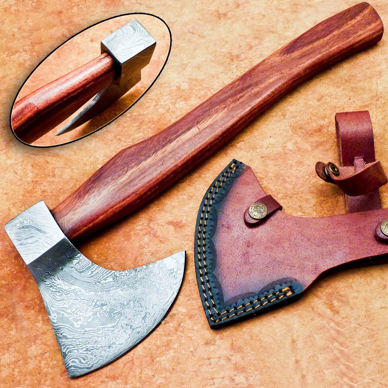Handmade Damascus Steel Tomahawk Axe 16-Inch with Natural Wood Handle and Leather Sheath