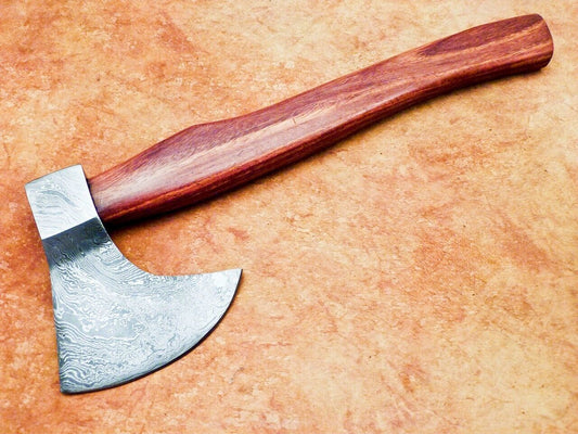 Handmade Damascus Steel Tomahawk Axe 16-Inch with Natural Wood Handle and Leather Sheath