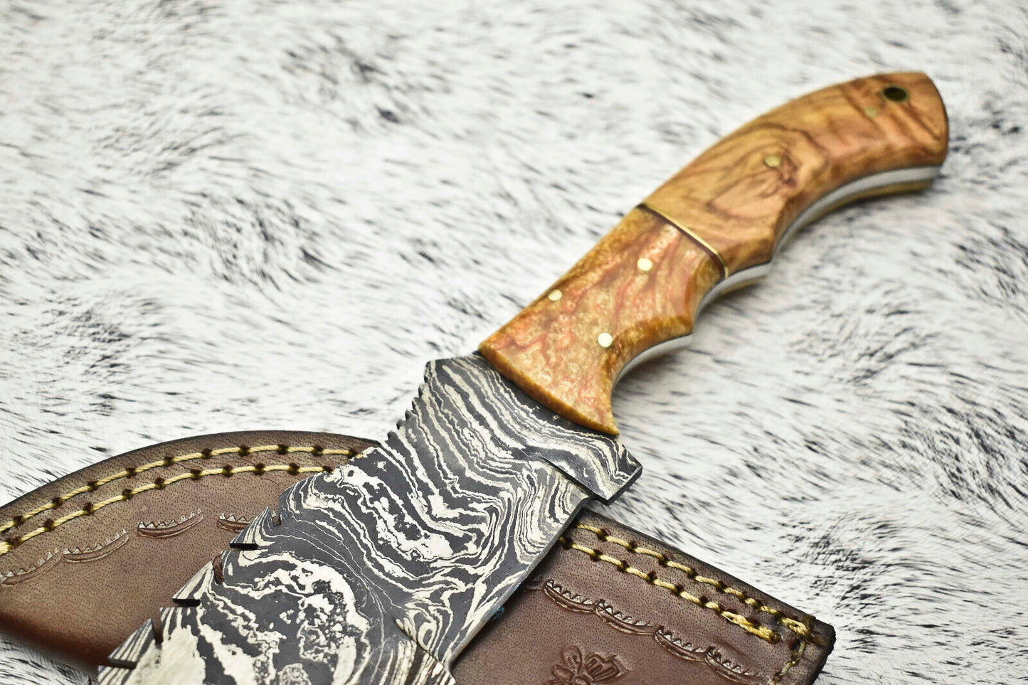 10" Handmade Damascus Steel Tracker Knife | Full Tang Hardwood Handle & Leather Sheath