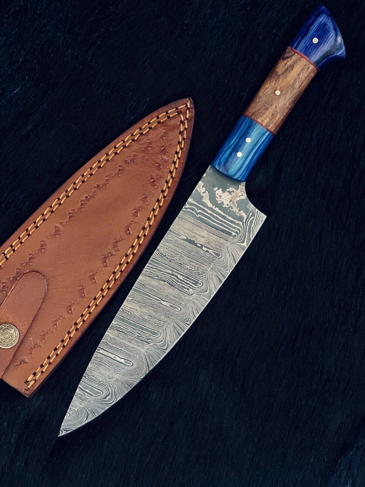 13" Custom Handmade Ladder Damascus Steel Sentoku Chef Knife – Camping