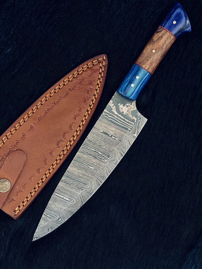 13" Custom Handmade Ladder Damascus Steel Sentoku Chef Knife – Camping