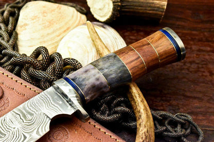 12" Handmade Damascus Bowie Knife – Walnut Wood Handle with Leather Sheath
