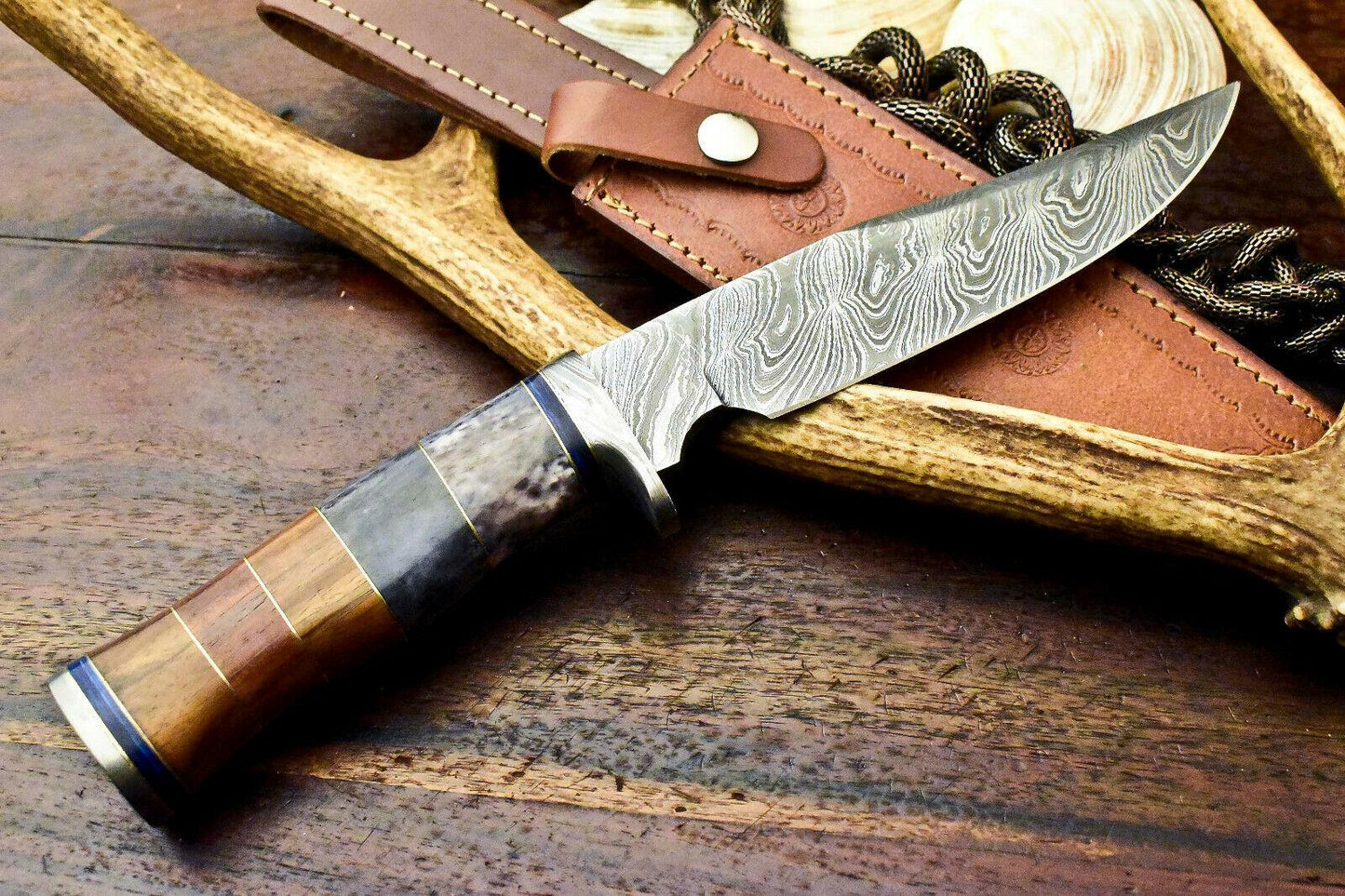 12" Handmade Damascus Bowie Knife – Walnut Wood Handle with Leather Sheath
