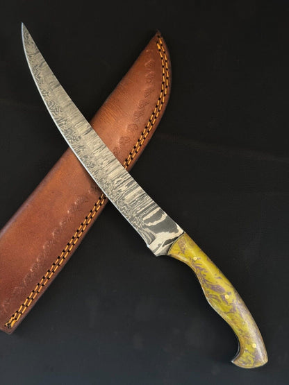 13" Damascus Fillet Knife Damascus Steel Fillet Knife for Kitchen With Resin Handle & Sheath
