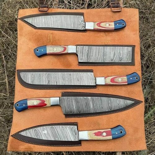 Custom Handmade Damascus 5 Piece Chef Knife Set – Brass Guards & Unique Sheet Handles