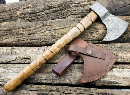 Handmade Damascus Axe Hatchet with Rosewood Handle & Leather Sheath | 512 Layer Damascus Steel Axe