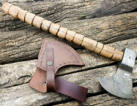 Handmade Damascus Axe Hatchet with Rosewood Handle & Leather Sheath | 512 Layer Damascus Steel Axe