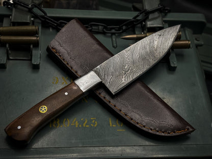 Handmade Damascus Steel Hunting Chef Kitchen Knife EDC with Wood Handle & Leather Cover