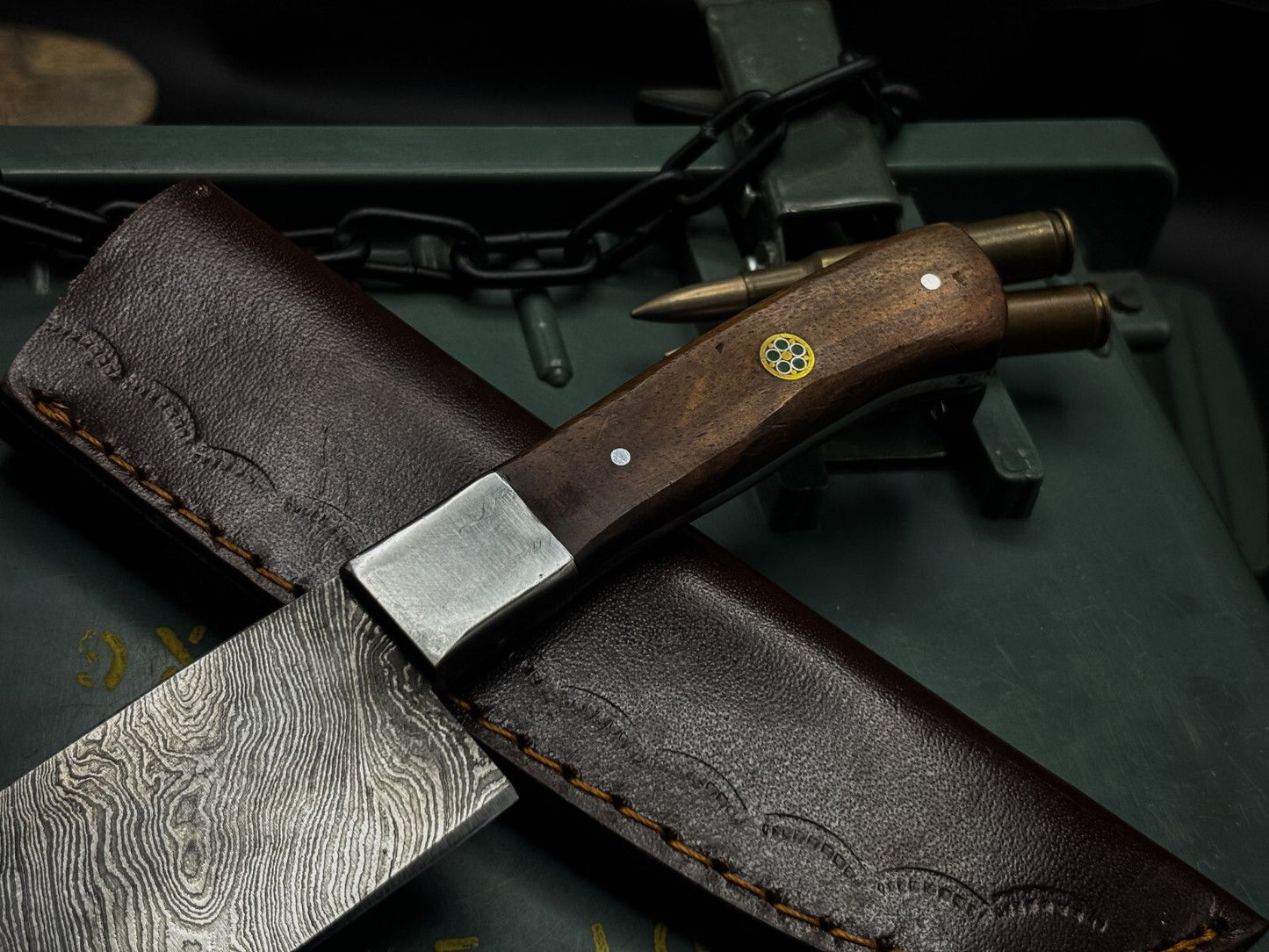 Handmade Damascus Steel Hunting Chef Kitchen Knife EDC with Wood Handle & Leather Cover