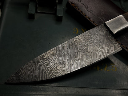 Handmade Damascus Steel Hunting Chef Kitchen Knife EDC with Wood Handle & Leather Cover