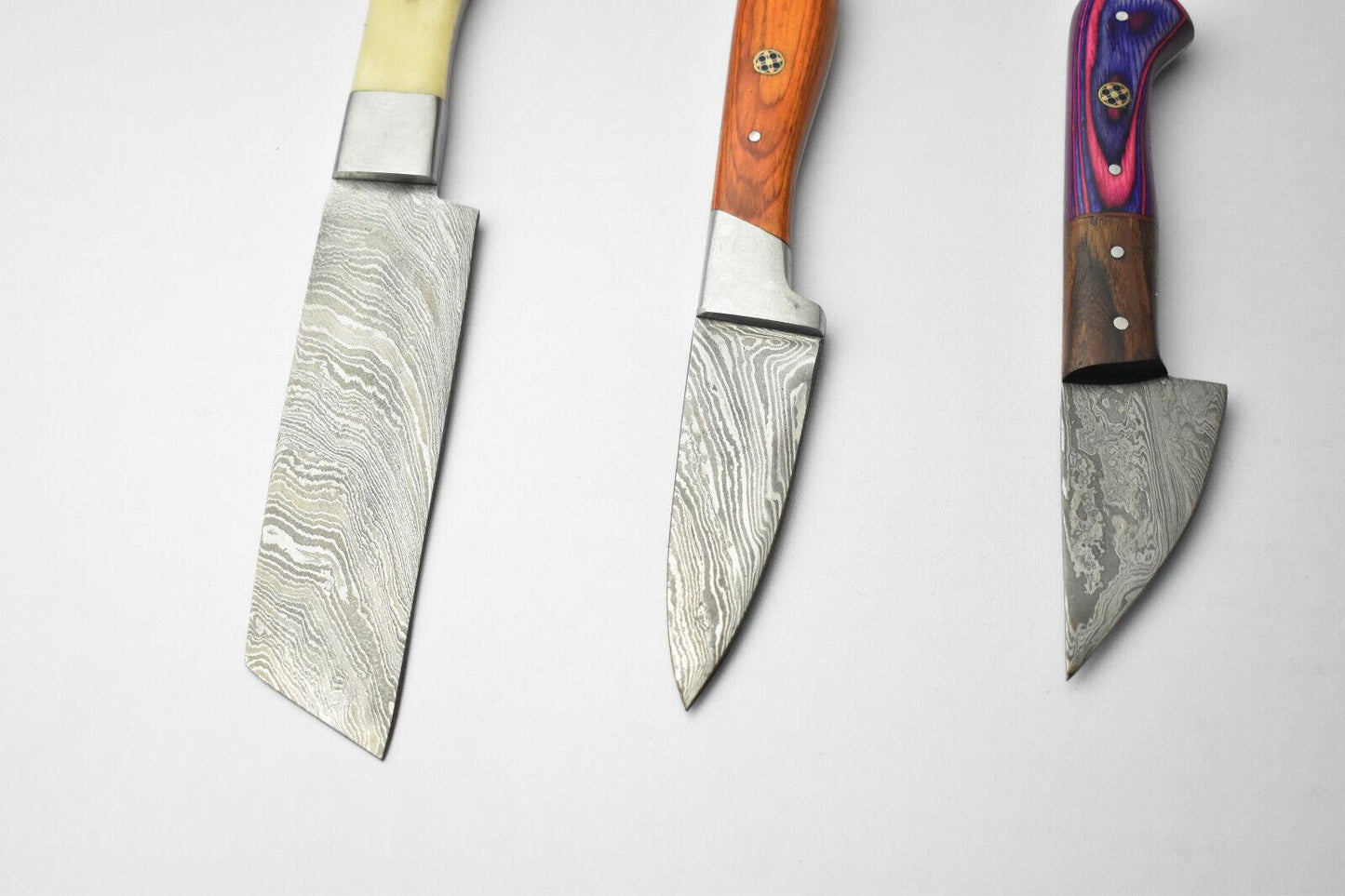 Lot of 3 Handmade Damascus Blade Full Tang Chef Knives – Premium Kitchen Knife Set