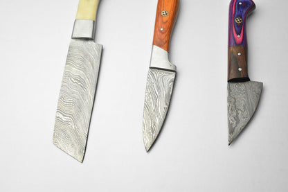 Lot of 3 Handmade Damascus Blade Full Tang Chef Knives – Premium Kitchen Knife Set