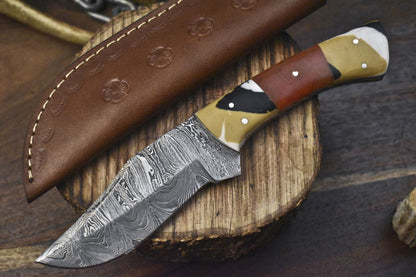 Twist Damascus Skinner Knife with Corian Handle and Micarta Bolster – Handmade EDC Blade